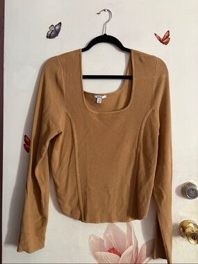 Bar III Ribbed Square-Neck Long Sleeve Top in Camel